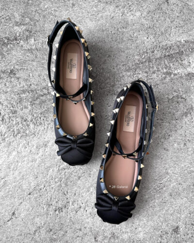 Valentino Garavani Black Rockstud Ballerina in Satin Fabric and Calfskin Leather