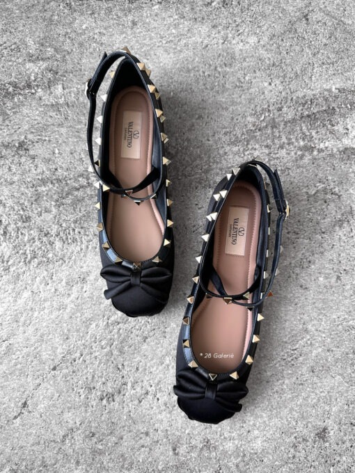 Valentino Garavani Black Rockstud Ballerina in Satin Fabric and Calfskin Leather