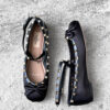 Valentino Garavani Black Rockstud Ballerina in Satin Fabric and Calfskin Leather