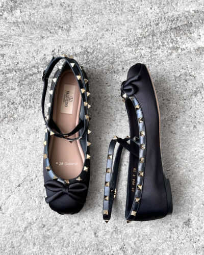 Valentino Garavani Black Rockstud Ballerina in Satin Fabric and Calfskin Leather