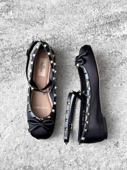 Valentino Garavani Black Rockstud Ballerina in Satin Fabric and Calfskin Leather