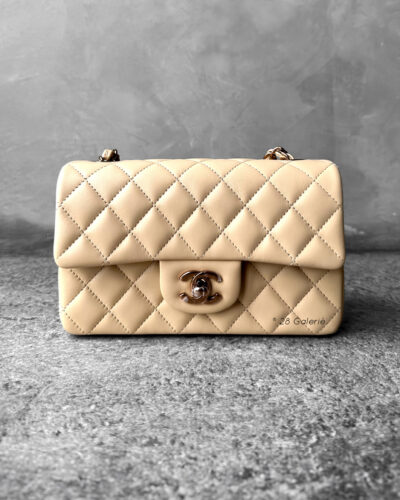 Chanel 24P Mini Classic Beige Rectangular Flap in Lambskin Leather and Rosegold Hardware