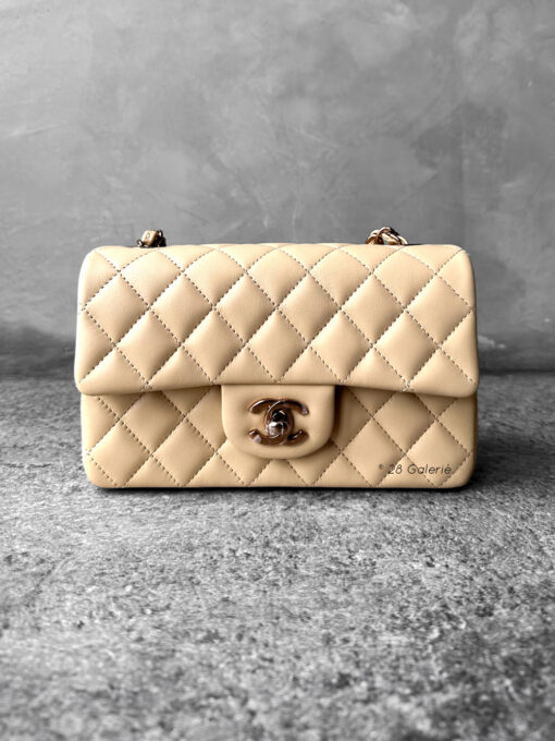 Chanel 24P Mini Classic Beige Rectangular Flap in Lambskin Leather and Rosegold Hardware