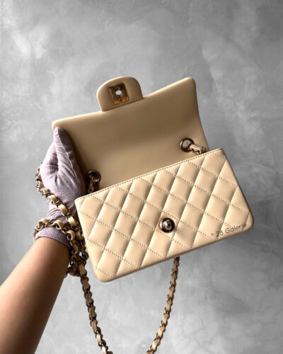 Chanel 24P Mini Classic Beige Rectangular Flap in Lambskin Leather and Rosegold Hardware