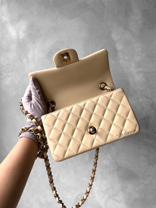 Chanel 24P Mini Classic Beige Rectangular Flap in Lambskin Leather and Rosegold Hardware