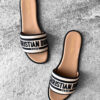 Christian Dior Dway Natural Raffia and Black Embroidered Cotton Slides