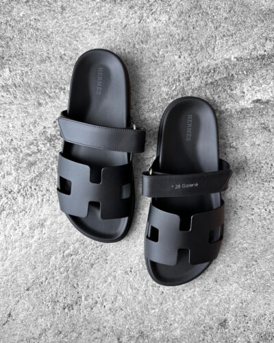 Hermes Black Chypre Sandal in Calfskin Leather & Rubber Sole