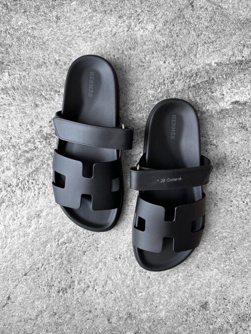 Hermes Black Chypre Sandal in Calfskin Leather & Rubber Sole