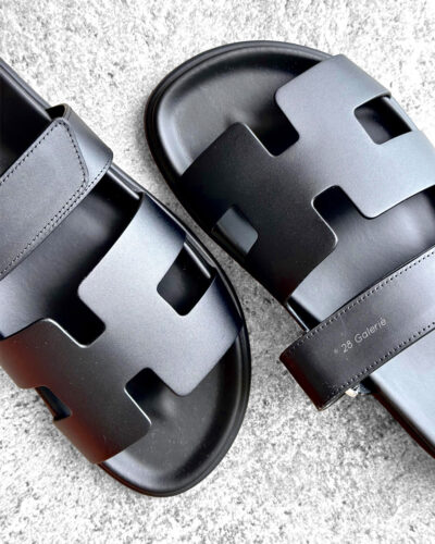 Hermes Black Chypre Sandal in Calfskin Leather & Rubber Sole