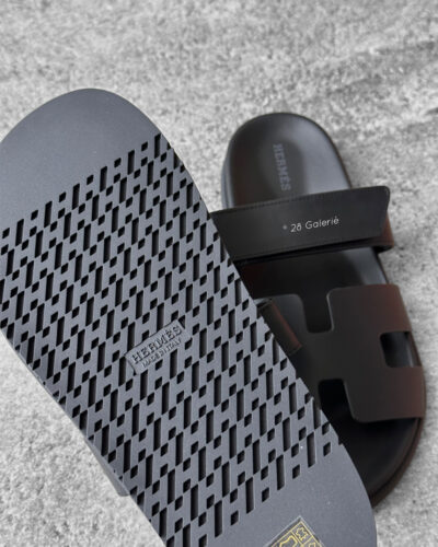 Hermes Black Chypre Sandal in Calfskin Leather & Rubber Sole