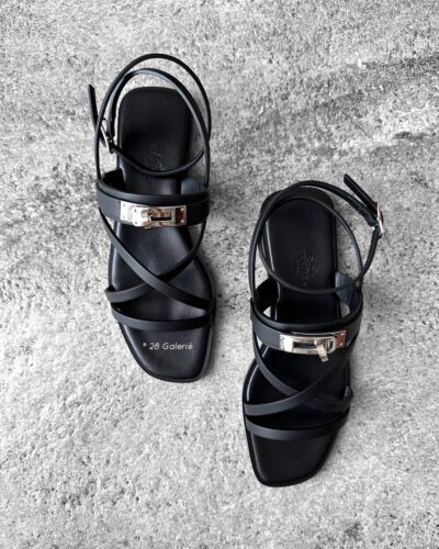 Hermes Black June Sandal in Calfskin Leather & Palladium Kelly Buckle