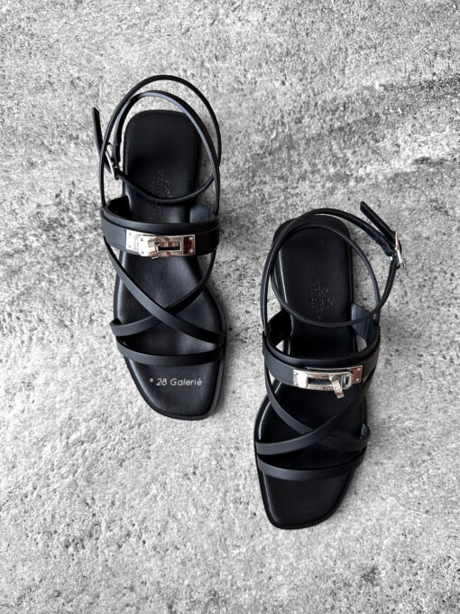 Hermes Black June Sandal in Calfskin Leather & Palladium Kelly Buckle