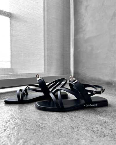 Hermes Black June Sandal in Calfskin Leather & Palladium Kelly Buckle