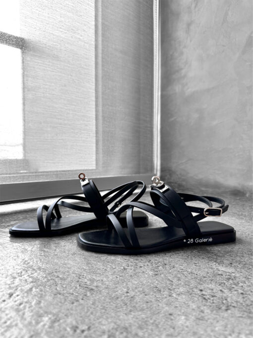 Hermes Black June Sandal in Calfskin Leather & Palladium Kelly Buckle