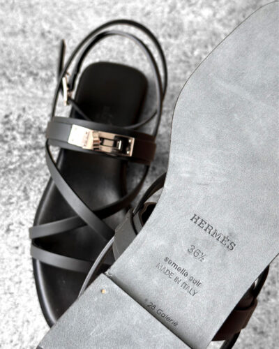 Hermes Black June Sandal in Calfskin Leather & Palladium Kelly Buckle