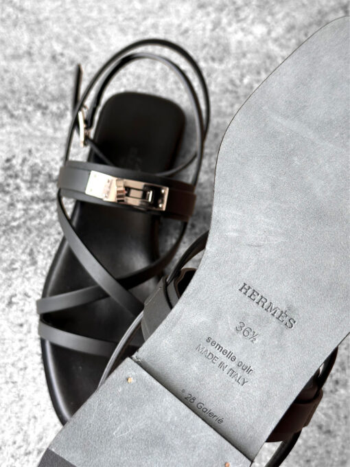 Hermes Black June Sandal in Calfskin Leather & Palladium Kelly Buckle