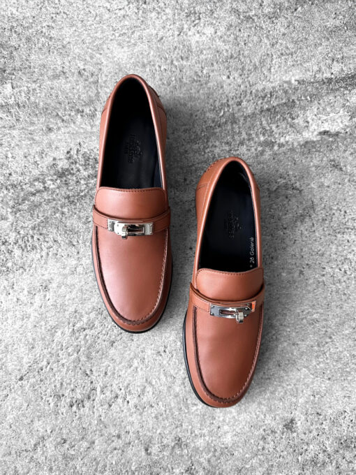 Hermes Gold Destin Loafer in Calfskin Leather & Palladium Kelly Buckle