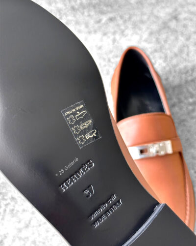 Hermes Gold Destin Loafer in Calfskin Leather & Palladium Kelly Buckle