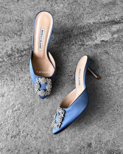 Manolo Blahnik Blue Hangisi 70mm Pumps in Satin Fabric/Leather