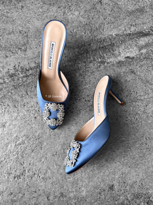 Manolo Blahnik Blue Hangisi 70mm Pumps in Satin Fabric/Leather