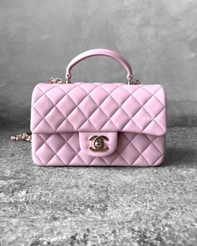 Chanel 24A Pink Top Handle Mini Rectangle Flap in Lambskin Leather and Light Gold Hardware