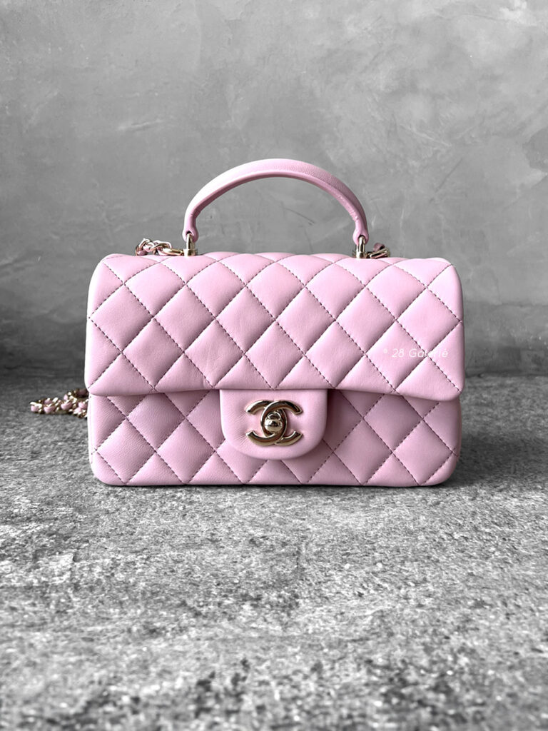 Chanel 24A Pink Top Handle Mini Rectangle Flap in Lambskin Leather and Light Gold Hardware