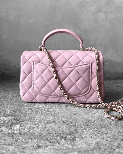 Chanel 24A Pink Top Handle Mini Rectangle Flap in Lambskin Leather and Light Gold Hardware