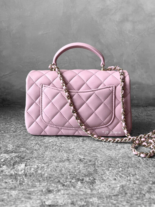 Chanel 24A Pink Top Handle Mini Rectangle Flap in Lambskin Leather and Light Gold Hardware