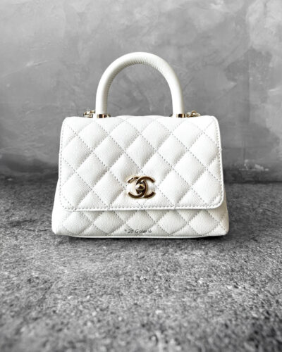 Chanel 24A White Mini Coco Top Handle in Caviar Leather and Light Gold Hardware