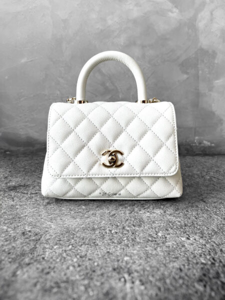 Chanel 24A White Mini Coco Top Handle in Caviar Leather and Light Gold Hardware