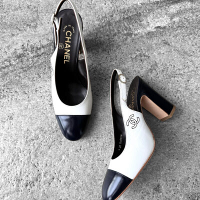 Chanel Logo White and Navy Blue Slingbacks