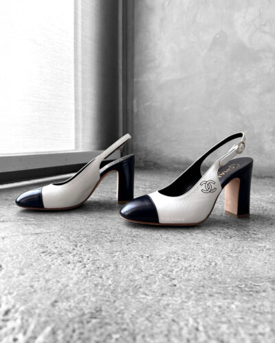 Chanel Logo White and Navy Blue Slingbacks