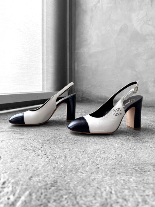 Chanel Logo White and Navy Blue Slingbacks