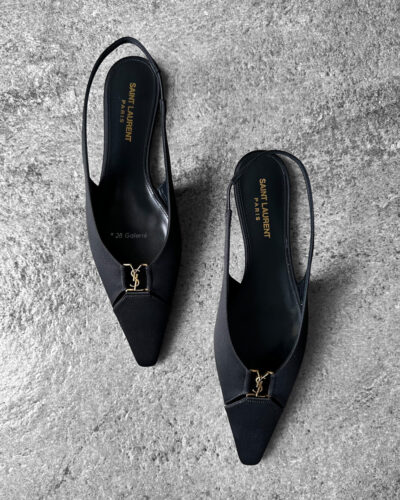 Saint Laurent Black Babylone Slingback Flats in Satin/Calfskin Leather