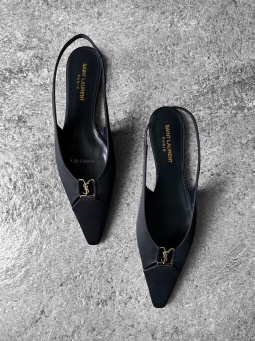 Saint Laurent Black Babylone Slingback Flats in Satin/Calfskin Leather