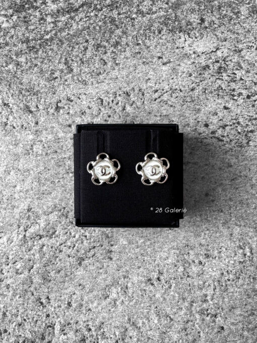 Chanel Logo Clear Pearl and Steel Silver Hardware Earrings