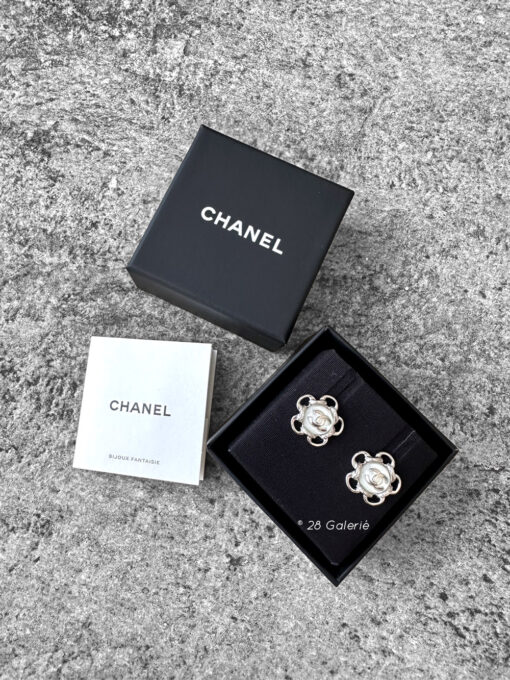 Chanel Logo Clear Pearl and Steel Silver Hardware Earrings