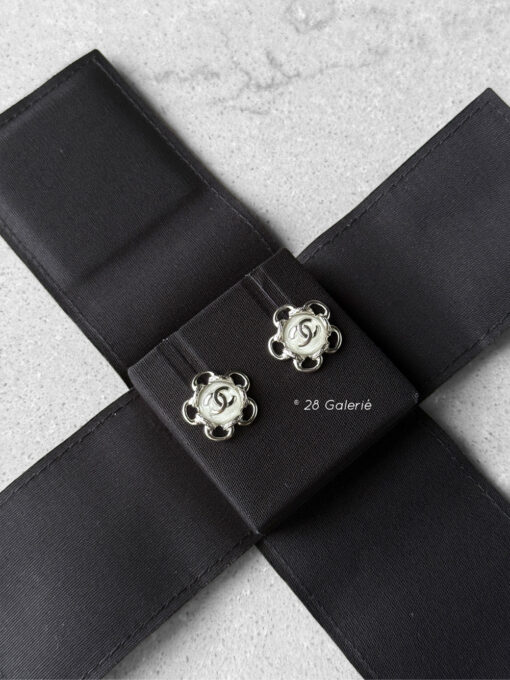 Chanel Logo Clear Pearl and Steel Silver Hardware Earrings