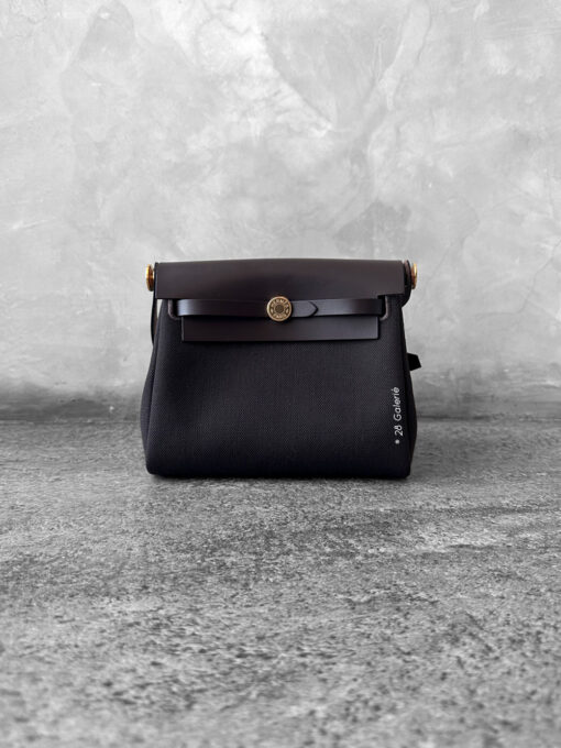 Hermes EbeneEbene Mini Zip 20 Herbag in Toile FabricLambskin Leather and Gold Hardware