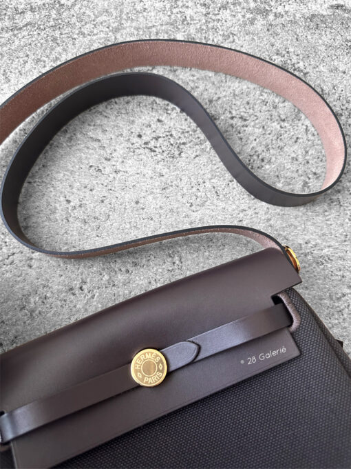 Hermes EbeneEbene Mini Zip 20 Herbag in Toile FabricLambskin Leather and Gold Hardware