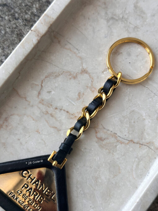 Chanel Black Triangle Keychain in Calfskin Leather and Gold Hardware