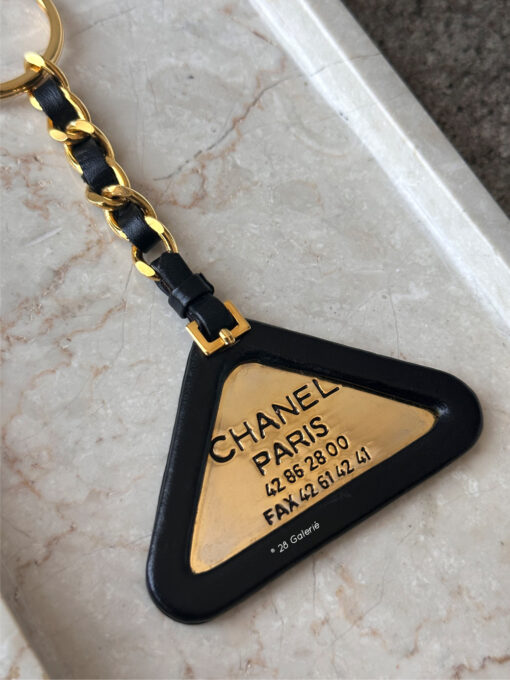 Chanel Black Triangle Keychain in Calfskin Leather and Gold Hardware