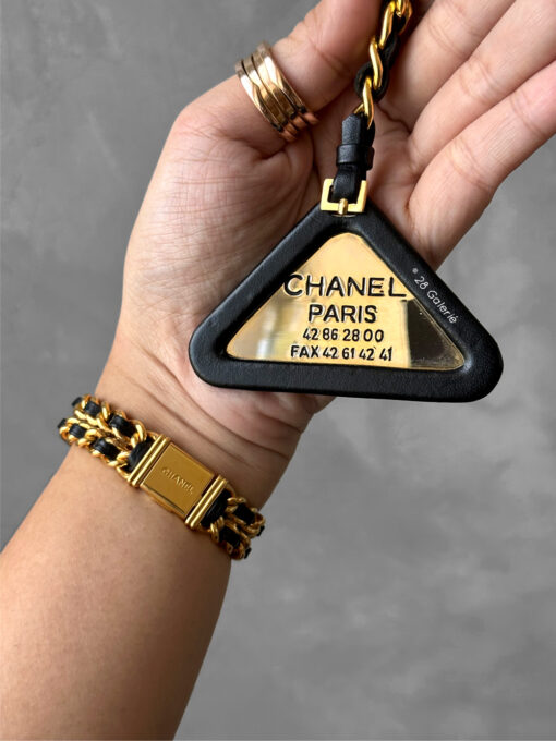 Chanel Black Triangle Keychain in Calfskin Leather and Gold Hardware
