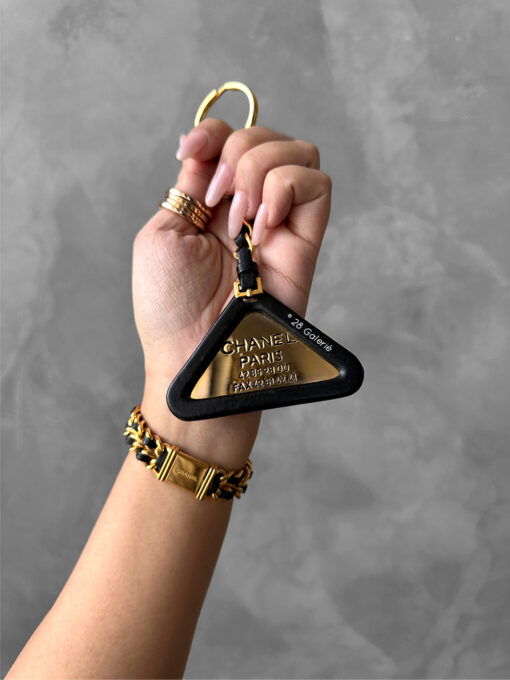 Chanel Black Triangle Keychain in Calfskin Leather and Gold Hardware
