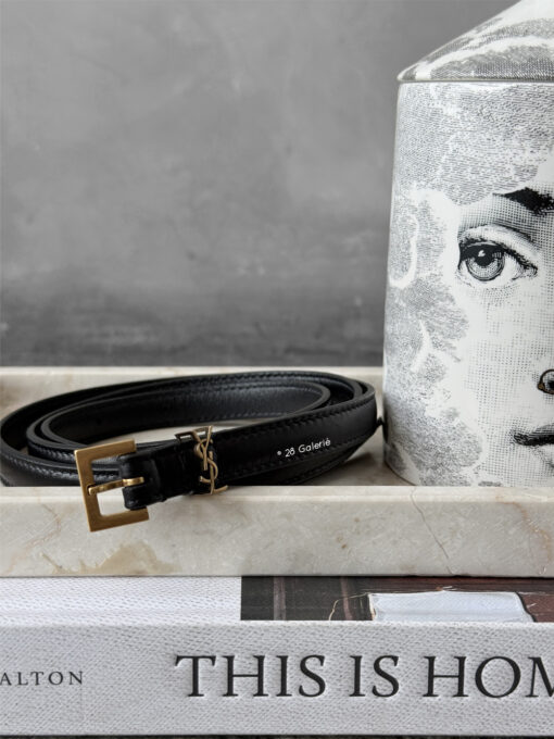 Saint Laurent 1cm Black Cassandre Belt in Calfskin Leather and Gold Hardware