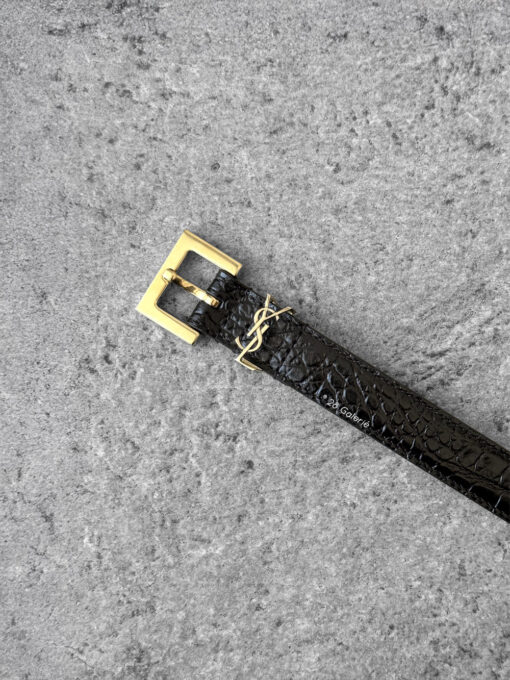 Saint Laurent 2cm Black Cassandre Belt in Crocodile Leather and Gold Hardware