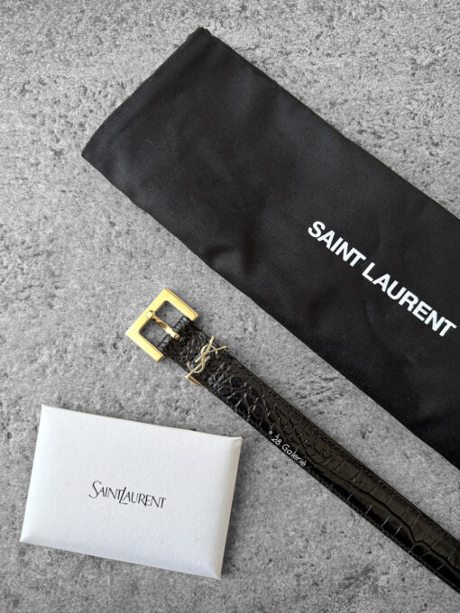 Saint Laurent 2cm Black Cassandre Belt in Crocodile Leather and Gold Hardware