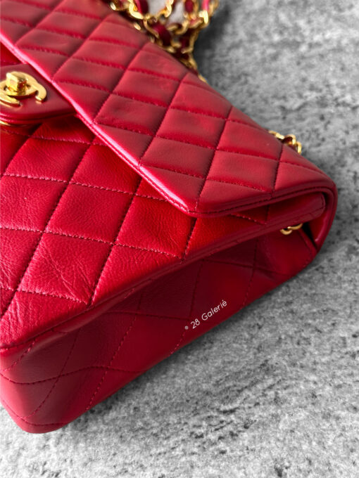 CHANEL Vintage Red Lambskin 20cm Mini Square Flap Bag in 24k Gold hardware