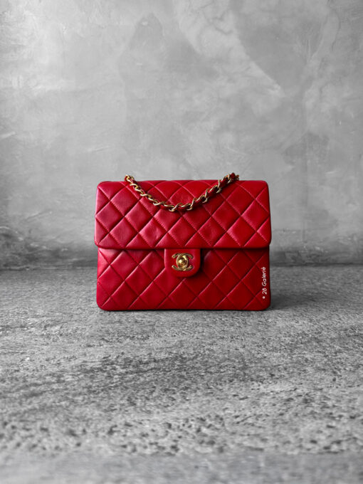 CHANEL Vintage Red Lambskin 20cm Mini Square Flap Bag in 24k Gold hardware