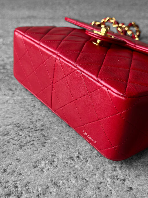 CHANEL Vintage Red Lambskin 20cm Mini Square Flap Bag in 24k Gold hardware
